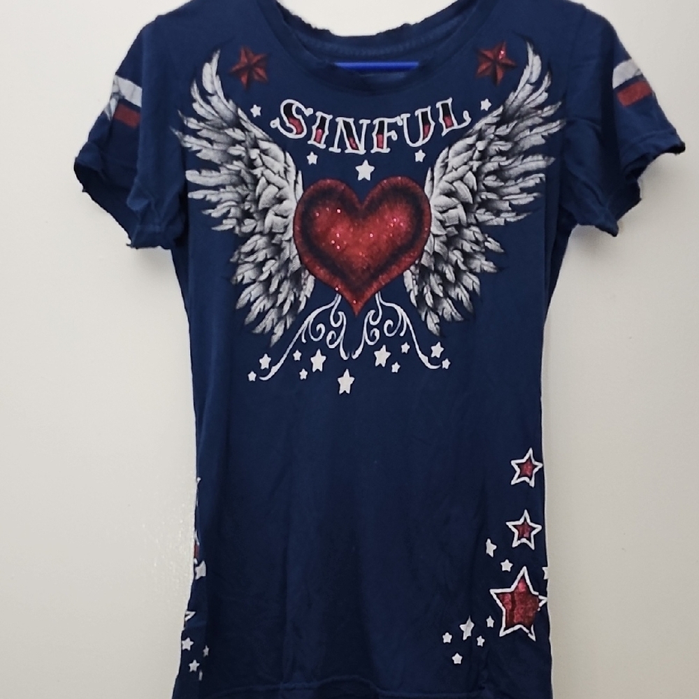 Sinful Navy Graphic T-Shirt with Heart and Wings